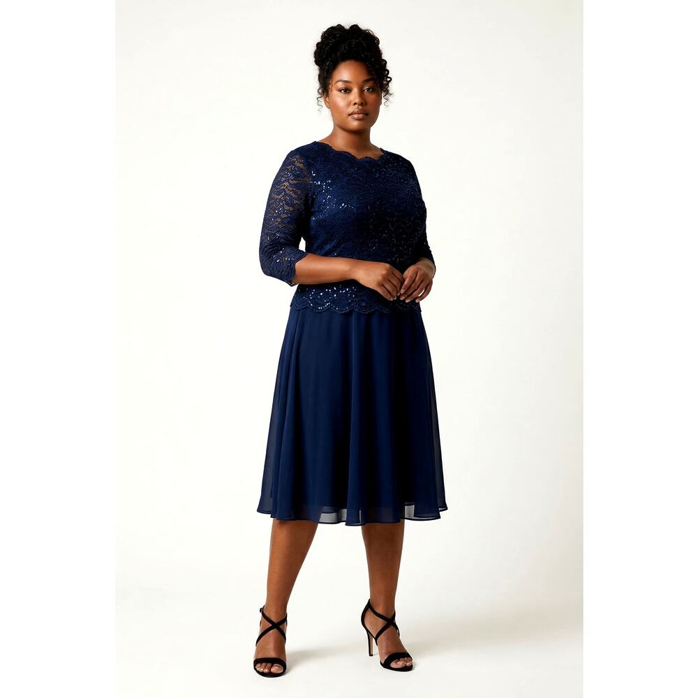 Alex Evenings Navy Lace Chiffon Dress 22W A-Line Formal Wedding Guest NWT